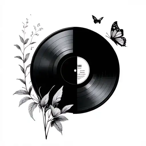 Half Nature Half Vinyl Record In A Circle Shape With A Small Butterfly Coming Out