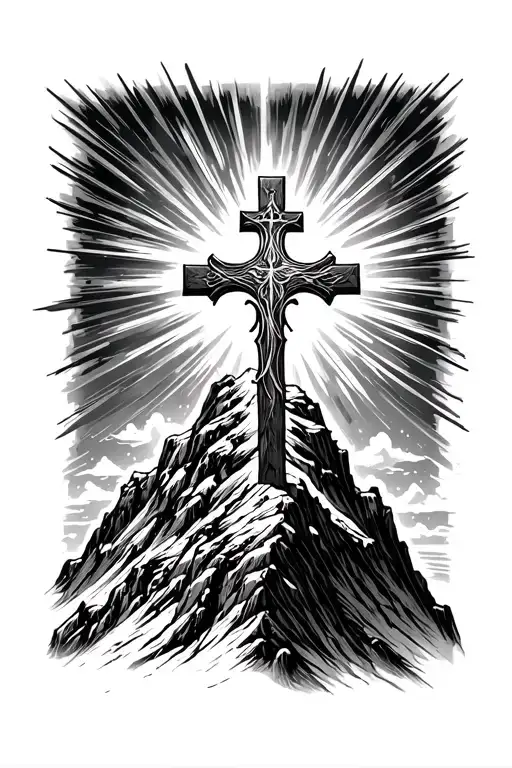 Cross On Top Of A Steep Mountain That It Shining With Lots Of Detail