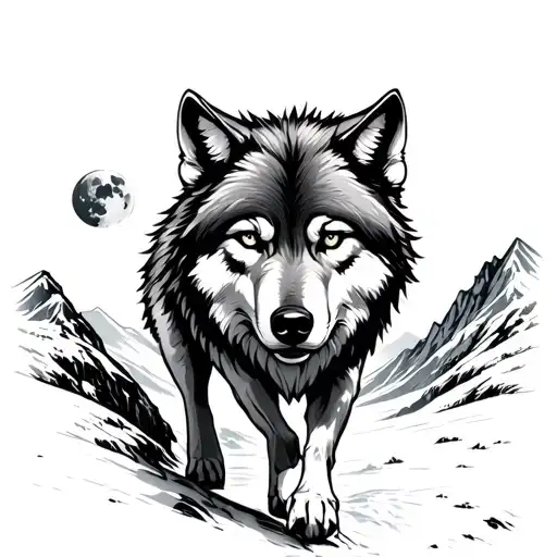 Wolf Walking Through A Mountain Pass With The Moon Out