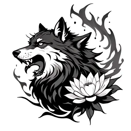 Fire Angry Wolf Howl And Lotus Flowers