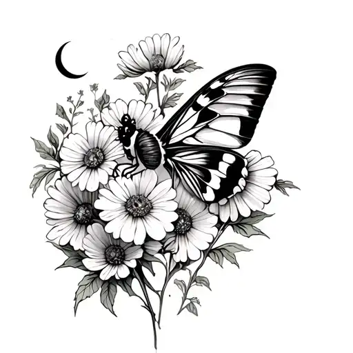 Cosmos Marigold Flowers And Lunar Moth Perched Regally