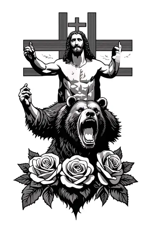 Jesus Christ Above A Bear Roaring And Roses Incorporated