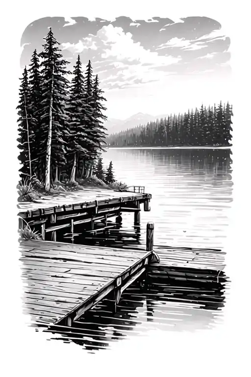 View Of A Lake From A Pier Surrounded By Forest Scene