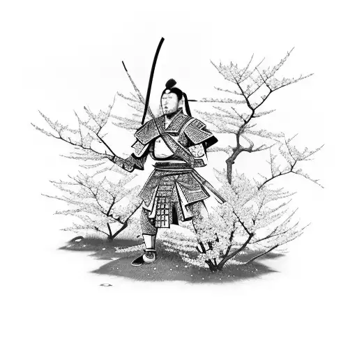 Samurai Warrior Meditatting In A Garden Of Cherry Blossoms Thinking Abour War