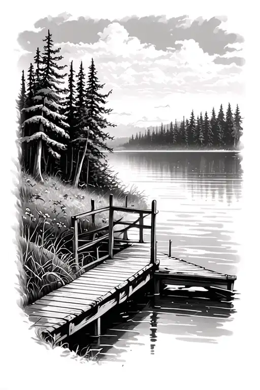 View Of A Lake From A Pier Surrounded By Forest Scene