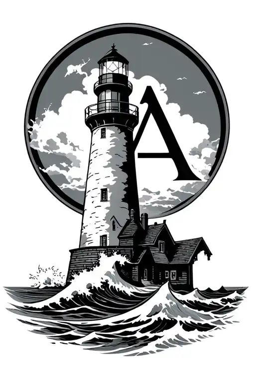 Lighthouse With Waves Crashing And The Letter A On The Front