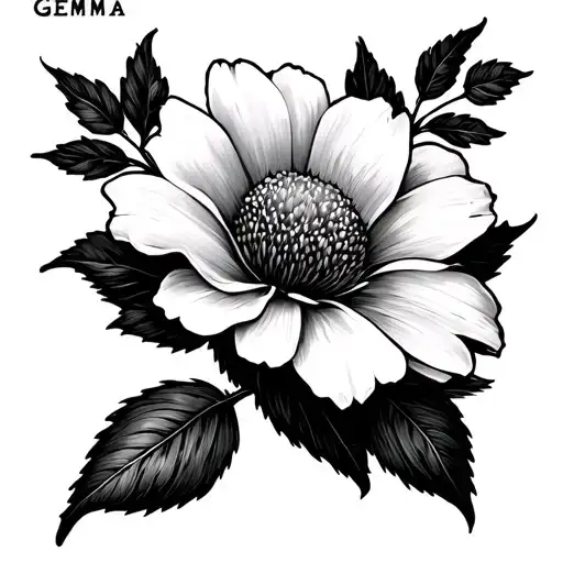 Fine Line Flower Tattoo With The Name Gemma In Cursive For The Stem