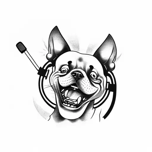 A Tattoo Of A Laughing Dog Driving A Car With A Microphone In Its Paw