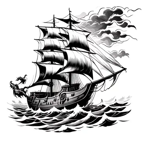 Caravel Fighting In Sea Againts Demon Half Sunny Half Thunderstorms