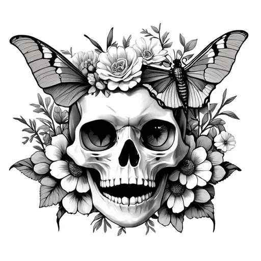 Cat Skull Surrounded By Flowers And A Luna Moth And Death Moth
