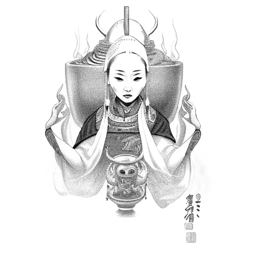 Old Chinese Goddess Of Oblivion Serving Soup Of Oblivion In The Underworld Near Bridge Of Oblivion