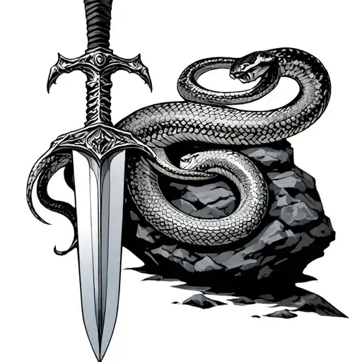 Sword Stuck In A Rock With A Snake Wrapped Around The Sword