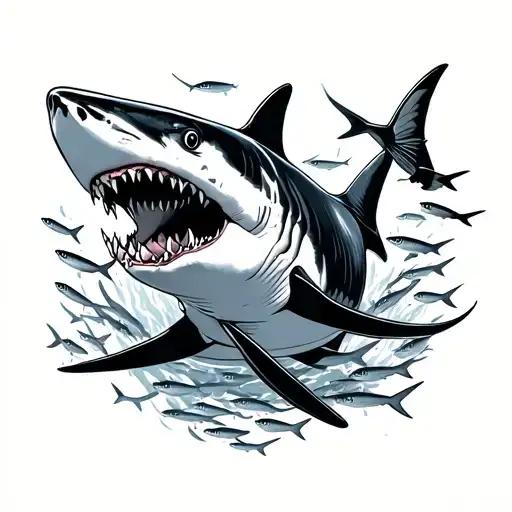 Shark Moving Through A School Of Fish Swimming