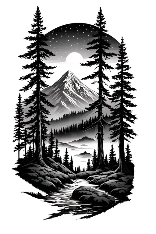 Forest With Mountain In The Background And A Starry Sky