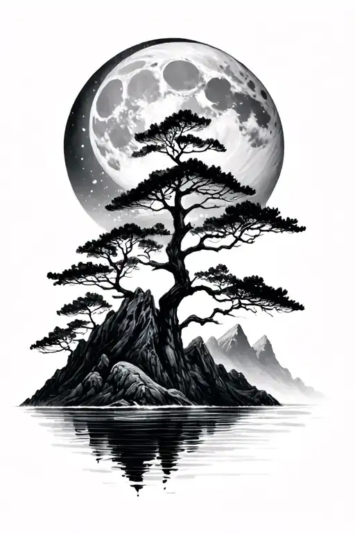 Mountains Realistic Trees Sea Moon Cool Masculine