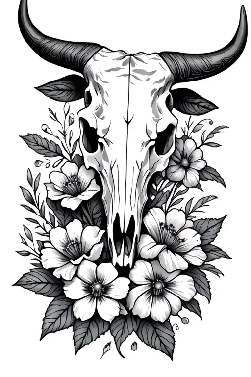 Flowers With A Bull Skull Sleeve Tattoo Featuring
