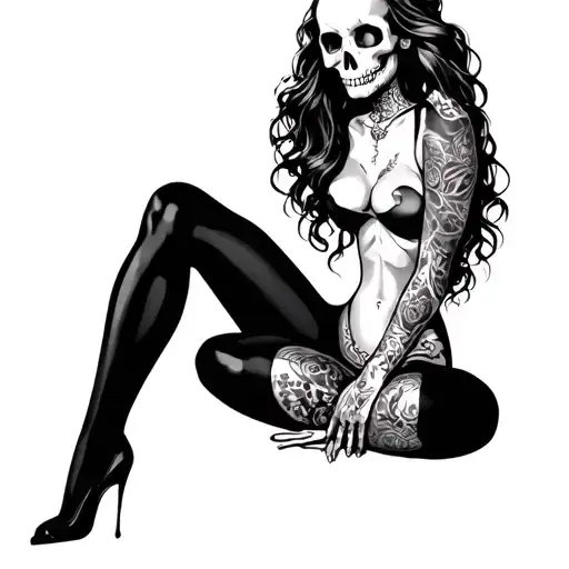 Skull Nude Pin Up Girl Sitting Traditional