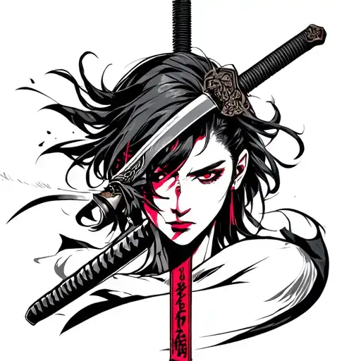 Anime Sketch Neon Colors Katana In The Hand Next To The Face