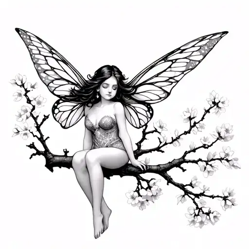 Fairy Sitting On Cherry Blossom Tree Branch