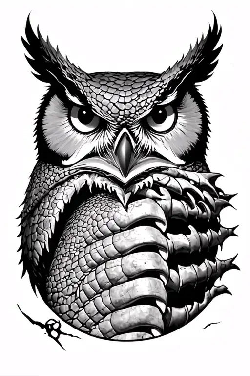 Spine Tattoo Starting With An Owl Face Merging Into A Crocodile Back With Ridges