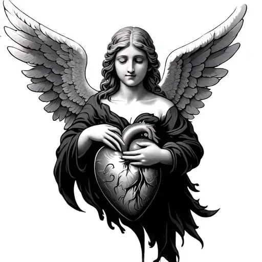 Angel With Wings Spread Holding A Human Heart