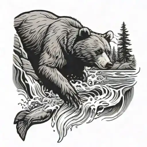 A Black-grey Tattoo Of A Bear Catching A Fish In A Rushing River With Mountains In The Background