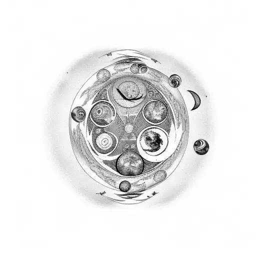 A Full Vertical Spine Tattoo Of The 8 Moon Phases With Red Robin Birds Flying Around It Spiraling Up