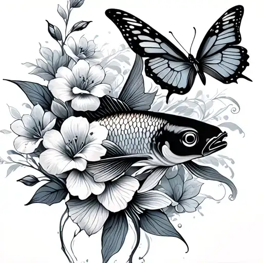 Coy Fish Flowers Butterflies