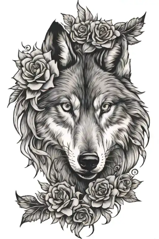 Wolf Face With Flower Surrounded