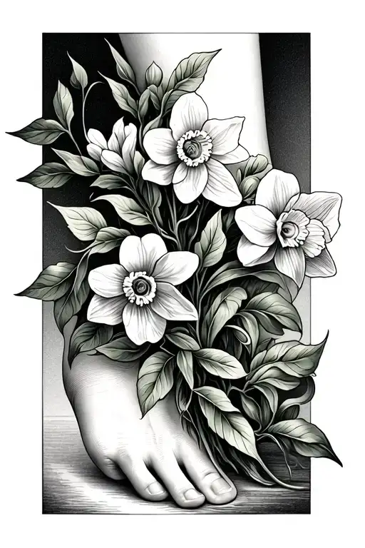 Thin Leaf Vine With Narcissus Flowers Wrapping Upward From Ankle