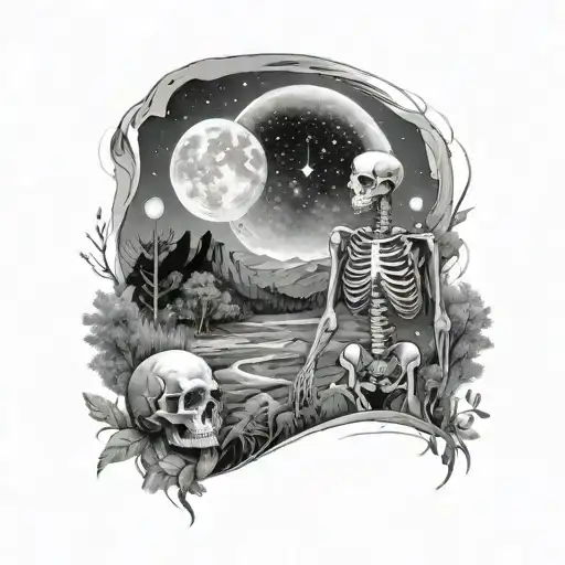 A Serene Nature Scene With A Hidden Cosmic Female Skeleton As Part Of The Landscape