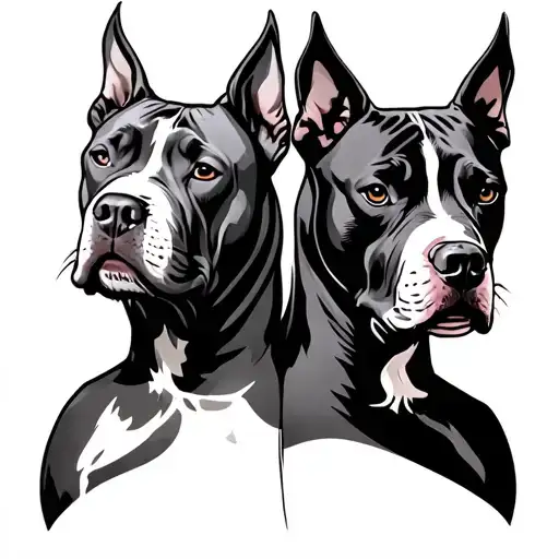 Two Pitbull Heads On Back One On Each Shoulder One Is Good And The Other Is Evil