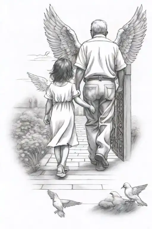 Toddler Granddaughter And Grandpa Walking Towards Heaven Gates With Doves In Background