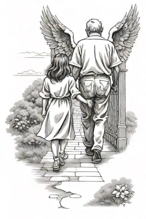 Granddaughter And Grandpa Walking Away To Heaven Gates