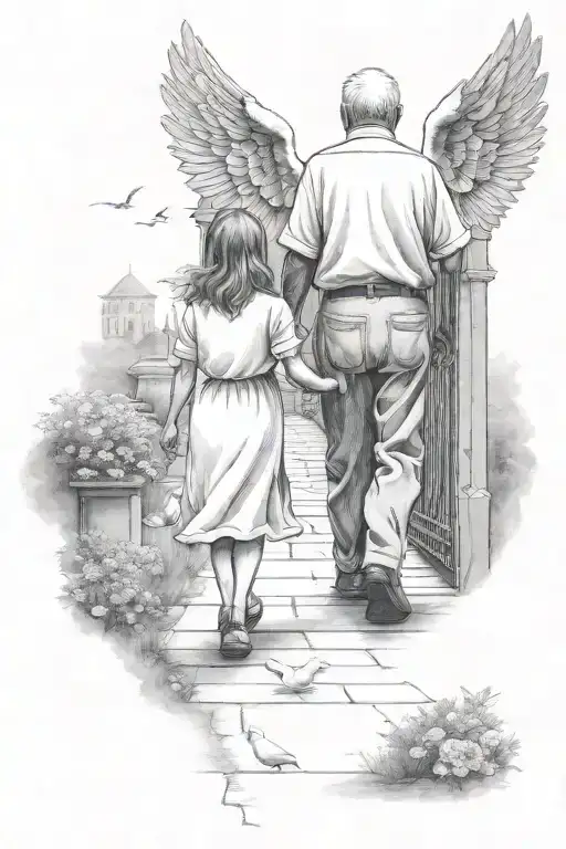 Granddaughter And Grandpa Walking Towards Heaven Gates With Doves In Background