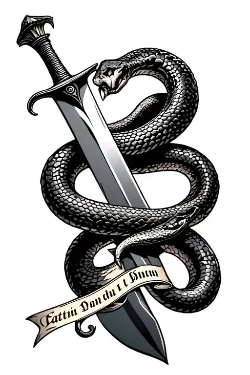A Dagger With A Snake Wrapped Around It With A Latin Saying Under It