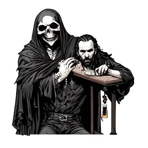 Grim Reaper Standing Behind A Man Placinf Hand On His Shoulder Who Is Sitting At A Bar