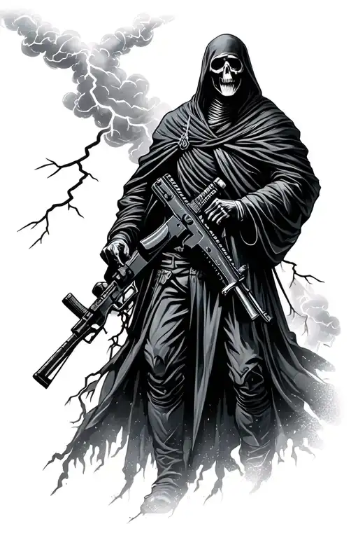 Grim Reaper Holding M4a1 Rifle Thundercloud And Lightning Overhead