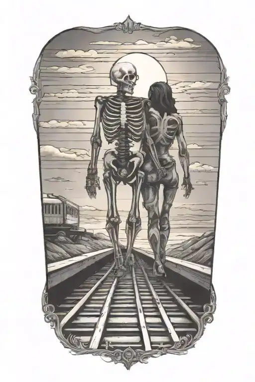 A Skeleton Couple Walking On Train Tracks Towards A Glowing Sunset Holding Hands