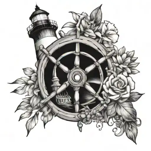 Ships Wheel With Birth Flowers And Light House