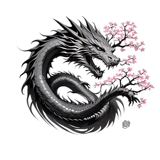 Dragon Going Up A Cherry Blossom Tree