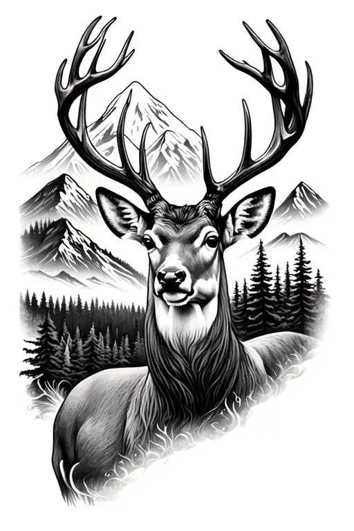 Realistic Deer Tattoo Mountain Landscape