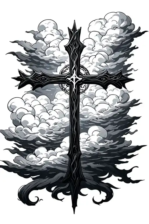Black Cross In Front Of Clouds Surrounding