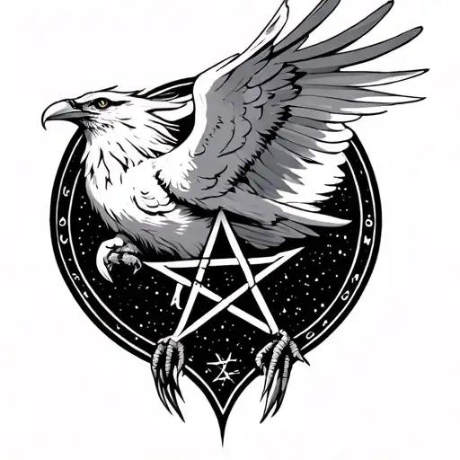 White Raven Holding Pentagram In Its Claws Surrounded By A Starry Sky
