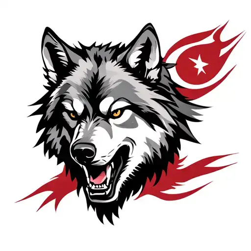 Realistic Angry Hard -Looking Wolf And Turkish Emblem