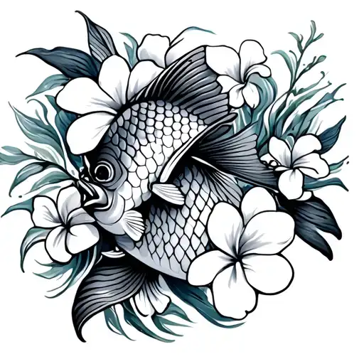 Pisces Fish And Plumeria Flowers And Waves