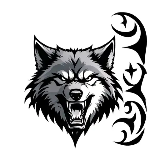 Realistic Angry Hard -Looking Mouth Closed Wolf And Turkish Emblem
