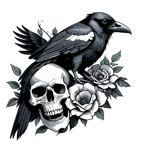 Skulls Withering Flowers A Raven And A Crow