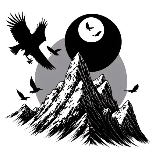 A Mountain Range With A Full Moon And Crows
