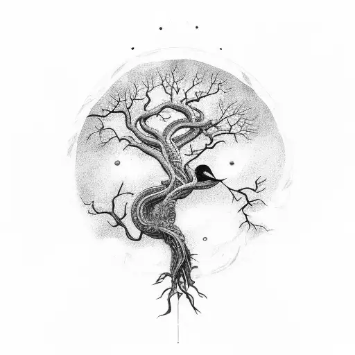 Raven Flying Out Of The Branches Of Yggdrasil And A World Serpent Curling In The Roots
